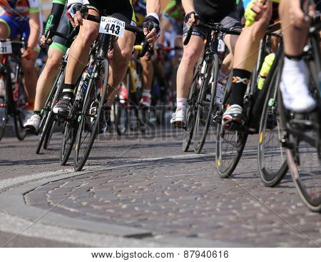 Vicenza, Vi, Italy - April 12, 2015: Cyclists Run On Racing Bikes During Cycle Road Race
