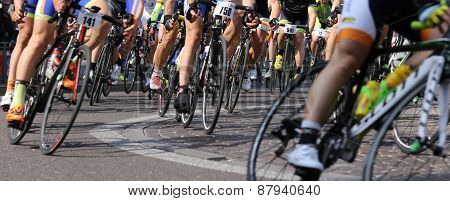 Vicenza, Vi, Italy - April 12, 2015: Cyclists Run On Racing Bikes During Cycle Road Race
