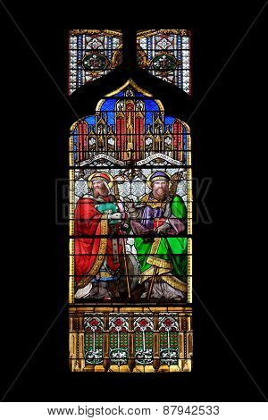 ZAGREB, CROATIA - APRIL 04,2015: St Quirinus of Sescia and Blessed Agostino Gasotti, stained glass in Zagreb cathedral dedicated to the Assumption of Mary and to kings Saint Stephen and Saint Ladislaus