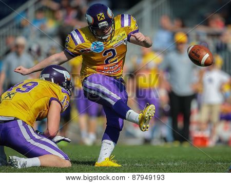 VIENNA, AUSTRIA - APRIL 27, 2014: K Christopher Kappel (#2 Vikings) kicks a PAT.