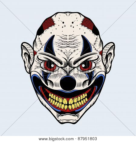 Illustration of evil clown with red eyes.