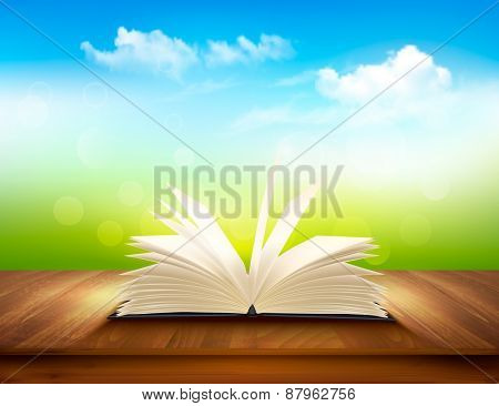 Open book on a wooden deck with green and blue backdrop. Vector.