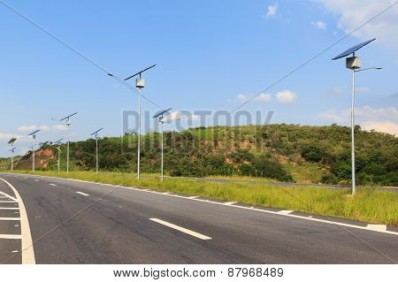 Solar Panel On Electric Pole, Use Of Solar Energy For Lightning Of Highway, Brazil