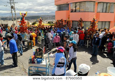 Latacunga, Ecuador 30 September, 2012: Unidentified people parade pigs adorned with fruits, spirits, flags and guinea pigs at La Fiesta de la Mama Negra traditional festival in Latacunga, Ecuador.