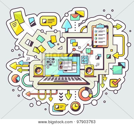 Vector Color Illustration Of Laptop And Business Processes On Light Background.