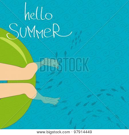 Lady's Feet On A Rubber Ring In The Sea
