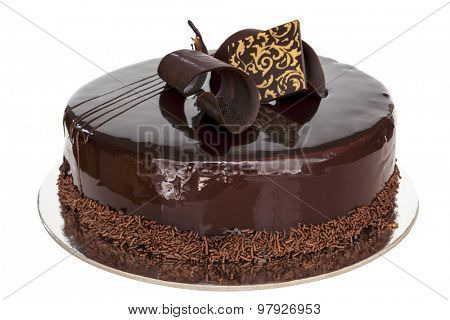 Fancy chocolate cake, whole, isolated on white background.