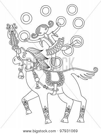 black and white line art illustration of circus theme - girl jug