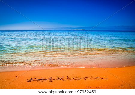 Kefalonia Written On Sandy Beach In Greece.