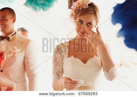 Beautiful  Gorgeous Blonde Bride Crying  And Stylish Groom, Hawai  Colorful Sand Ceremony  On Cyprus