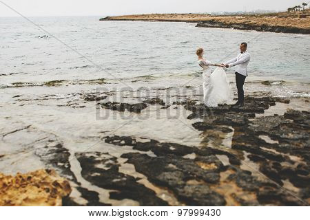 Beautiful  Gorgeous Blonde Bride  And Stylish Groom Holding Hands, On The Background Of A Sea