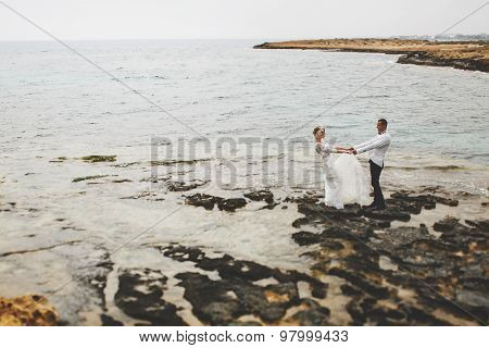 Beautiful  Gorgeous Blonde Bride  And Stylish Groom Holding Hands, On The Background Of A Sea