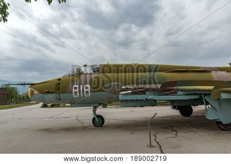 KRUMOVO, PLOVDIV, BULGARIA - 29 APRIL 2017: Fighter-Bomber  Sukhoi Su-22 in Aviation Museum near Plovdiv Airport, Bulgaria