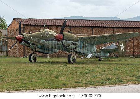 KRUMOVO, PLOVDIV, BULGARIA - 29 APRIL 2017: Bomber Tupolev Tu-2 in Aviation Museum near Plovdiv Airport, Bulgaria