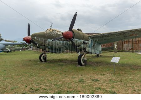 KRUMOVO, PLOVDIV, BULGARIA - 29 APRIL 2017: Bomber Tupolev Tu-2 in Aviation Museum near Plovdiv Airport, Bulgaria