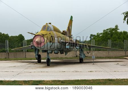 KRUMOVO, PLOVDIV, BULGARIA - 29 APRIL 2017: Fighter-Bomber  Sukhoi Su-22 in Aviation Museum near Plovdiv Airport, Bulgaria