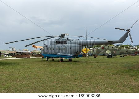 KRUMOVO, PLOVDIV, BULGARIA - 29 APRIL 2017:  Transport helicopter Mil Mi-8 in Aviation Museum near Plovdiv Airport, Bulgaria