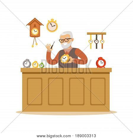 Bearded senior man repairing watches, watchmaker craft hobby or profession colorful character vector Illustration isolated on a white background
