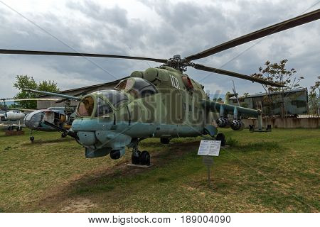 KRUMOVO, PLOVDIV, BULGARIA - 29 APRIL 2017: Helicopter Mil Mi-24 in Aviation Museum near Plovdiv Airport, Bulgaria
