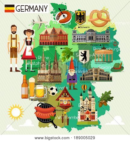 Map of Germany and Travel Icons.Germany Travel Map. Vector Illustration.