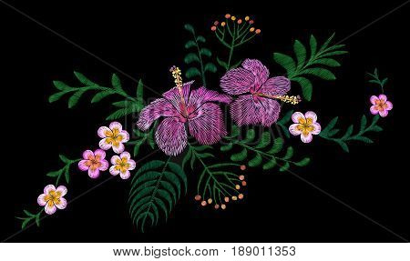 Hawaii flower embroidery arrangement patch. Fashion print decoration plumeria hibiscus palm leaves. Tropical exotic blooming bouquet vector illustration art