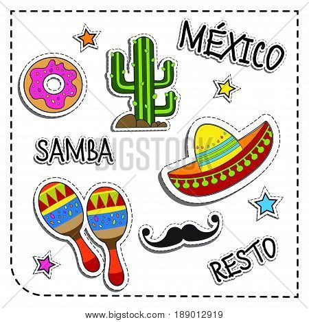 Mexican Party Sticker Applique. Mexico Style. Vector Illustration Set