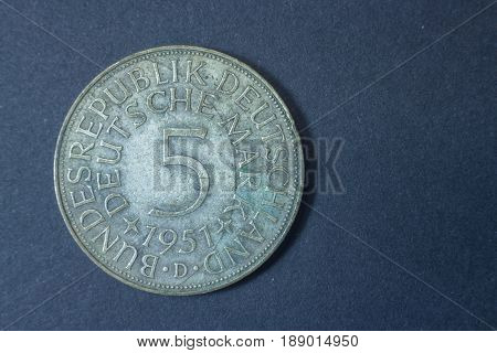 Five German Marks Bundesadler 1951 Tail Coin, Vintage Antique Old, Difficult And Rare To Find.