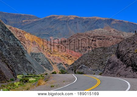 Colorful mountains of the bull ravine, road to San Antonio de los Cobres, Salta, Argentina