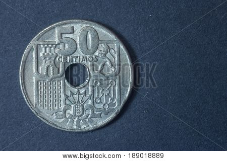 Spain Fifty Centimos 1949 Tail Coin, Vintage Antique Old, Difficult And Rare To Find.