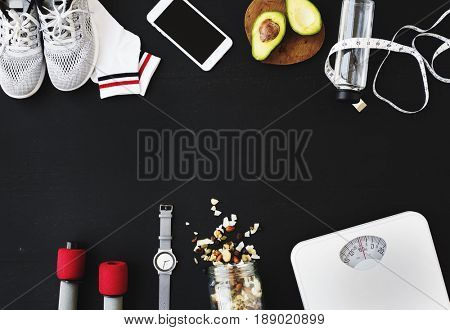 Healthy Living Lifetsyle Exercise Stuff on Black Table