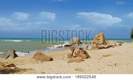 Rock formations dotting the soft sandy beach of Ao Manao Beach
Picnickers love the rock formations at the beachside of Ao Manao Beach in Narathiwat, southernmost part of Thailand.