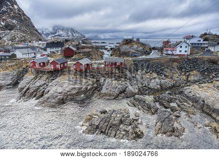 Travel concepts and Ideas. Picturesque Breathtaking View of Hamnoy Village at Lofoten Islands Shot from Upper Point.Horizontal Image composition