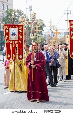 KIEV UKRAINE - JULY 27 2016 : Parishioners Ukrainian Orthodox Church Moscow Patriarchate during religious procession. At present there is undeclared war of Kiev Patriarchate and Moscow Patriarchate