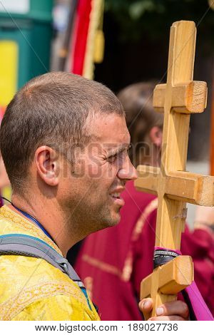 KIEV UKRAINE - JULY 27 2016 : Parishioners Ukrainian Orthodox Church Moscow Patriarchate during religious procession. At present there is undeclared war of Kiev Patriarchate and Moscow Patriarchate