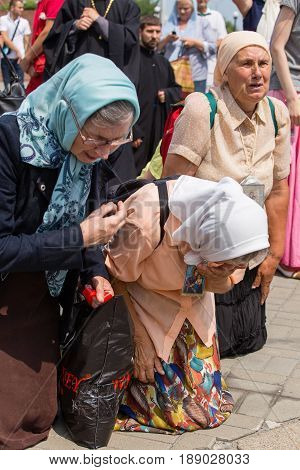 KIEV UKRAINE - JULY 27 2016 : Parishioners Ukrainian Orthodox Church Moscow Patriarchate during religious procession. At present there is undeclared war of Kiev Patriarchate and Moscow Patriarchate