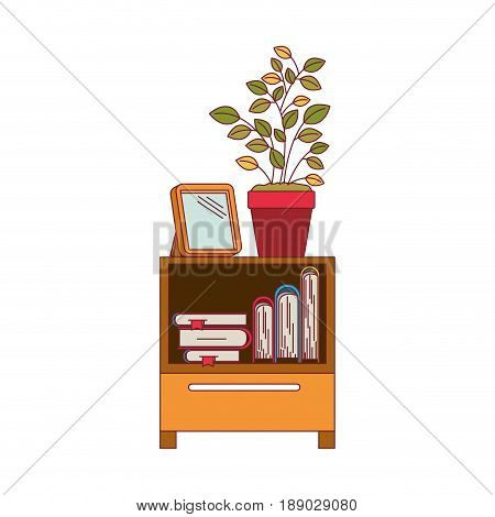 colorful graphic of decorative cabinet table with books and plantpot with dark red line contour vector illustration