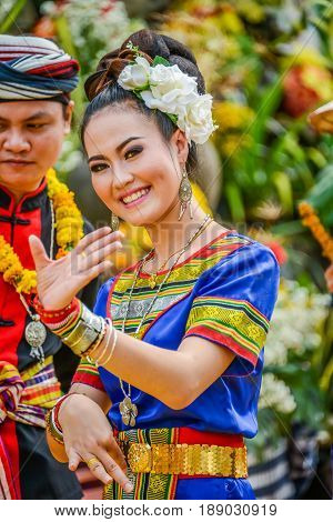 NAKORN PHANOM THAILAND - FEBRUARY 14 2015: Thai northeastern dance in Phutai world event day in Renunakorn of Nakorn Phanom Thailand