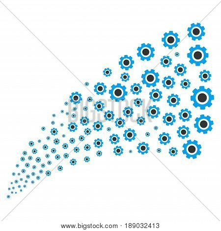 Gear source stream. Vector illustration style is flat blue and gray iconic symbols on a white background. Object explosion fountain combined from scattered pictograms.
