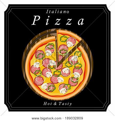 Vector logo illustration for pizzeria menu sliced ​​triangle whole hot pizza.Pizza on the wood board the ingredients for the pizzeria on the chalkboard