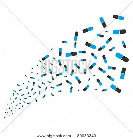 Pill source stream. Vector illustration style is flat blue and gray iconic symbols on a white background. Object explosion fountain constructed from scattered icons.