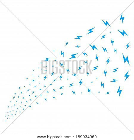 Electric Bolt source stream. Vector illustration style is flat blue iconic symbols on a white background. Object explosion fountain constructed from scattered symbols.