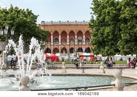 PADUA ITALY - MAY 3 2016: Lodge Amulea in the Great piazza of Prato della Valle also known as Ca' Duodo Palazzo Zacco in Padua Italy
