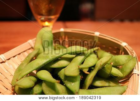 Boiled Edamame Beans or Japanese Soybeans in the Pod for Appetizer