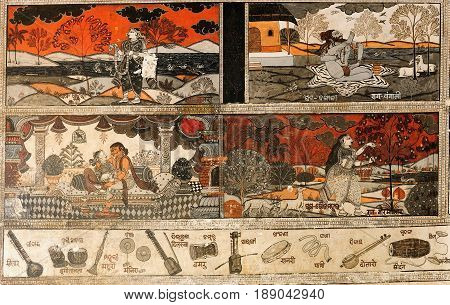 Hand drawn traditional the ancient tribal art India of a village wall in Orissa India