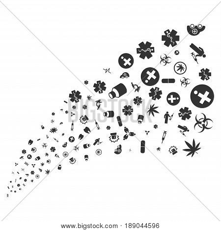 Medical Symbols source stream. Vector illustration style is flat gray iconic symbols on a white background. Object fireworks fountain combined from scattered icons.