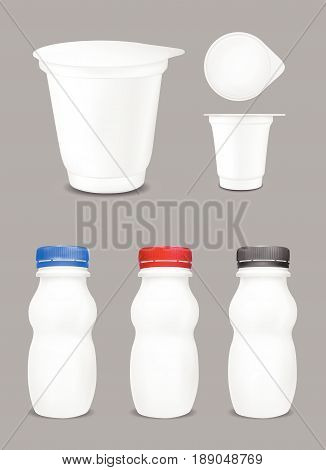 White empty plastic bottle for yogurt. Bucket for sour cream, sauce and snack.