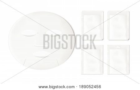 White empty plastic packaging with sheet mask. Blank foil or plastic sachet for food or medicines.