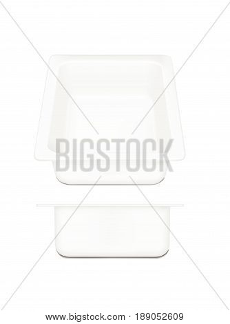 White empty plastic container for cheese. Packaging for meat, fish and vegetables.