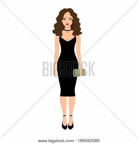 Lady in night black dress isolated vector illustration on white background