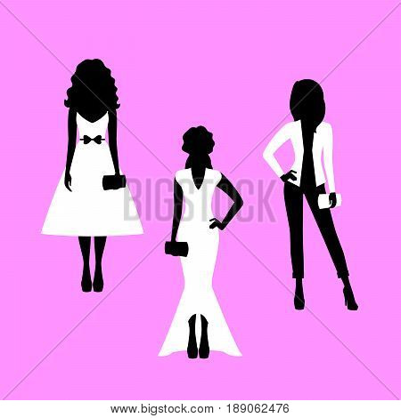 Fashion woman model silhouettes set in various poses with a wallets. Vector illustration